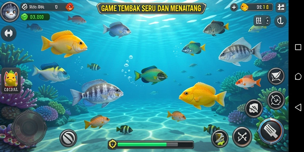 Gameplay menembak ikan yang seru dan penuh warna.