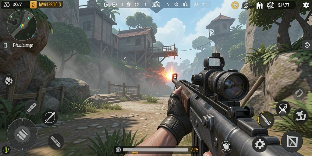 Tampilan gameplay SKY77 menunjukkan aksi seru dalam pertempuran TPS.